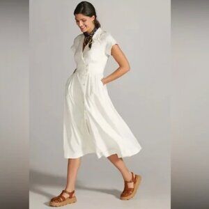 Maeve By Anthropologie White Short Sleeve Back Cutout Poplin Shirt Dress Sz 10